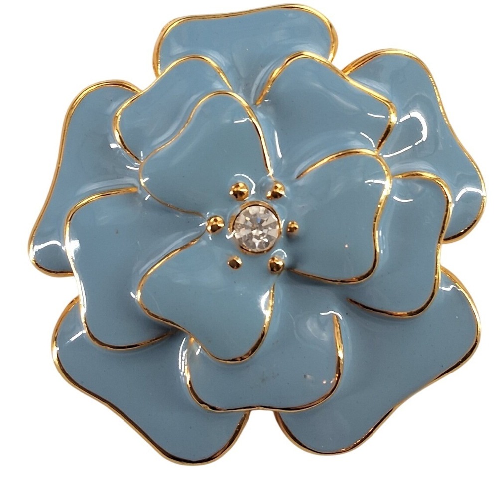 Vintage Blue Enamel Flower Brooch 1960s Gold Tone Rhinestone Floral Pin 2.25"
